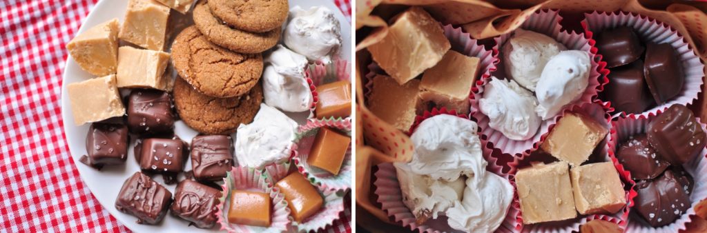 A variety of homemade candies are packed into a tin for holiday gift giving