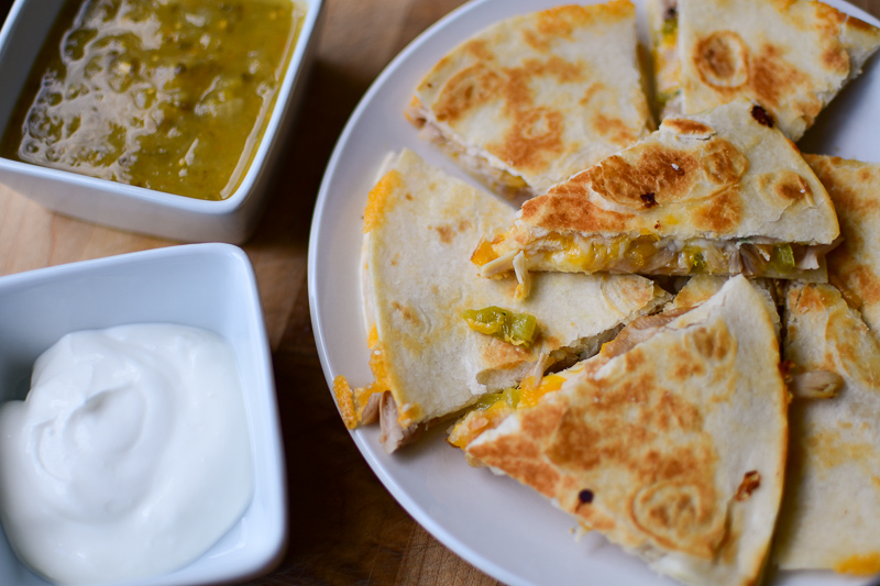 Mississippi Chicken Quesadilla with salsa verde and sour cream