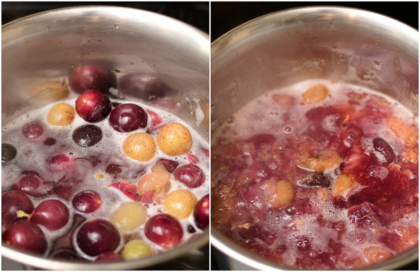 Cooking muscadines and scuppernongs to make juice for jelly 