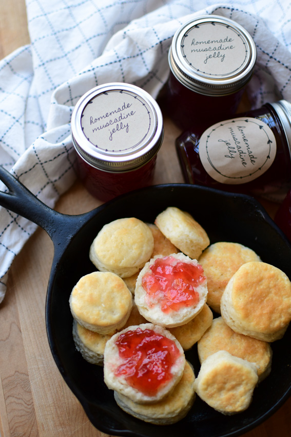 An iron skillet with homemade biscuits topped with muscadine jelly 