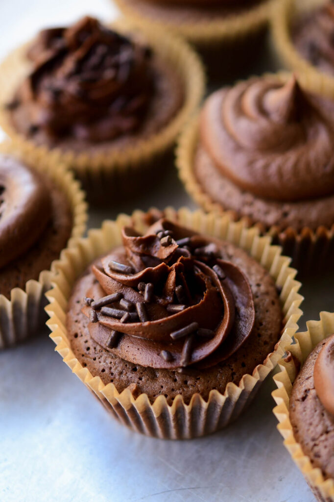 a close up of a brownie cupcake 