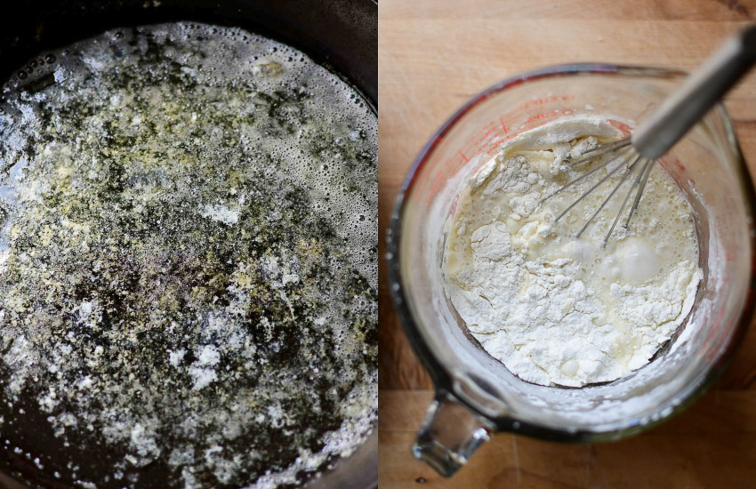 melted butter in a cast iron skillet and cobbler batter 