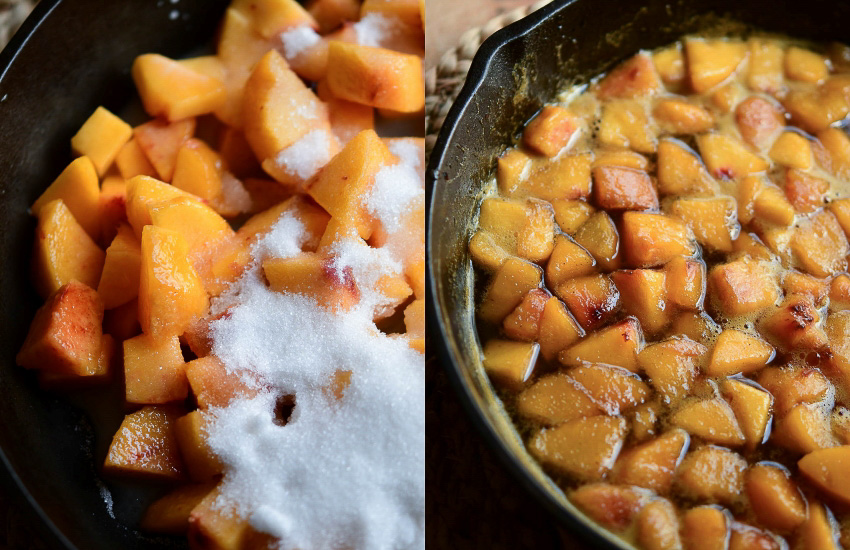 diced peaches in sugar cooked down to make a pie filling