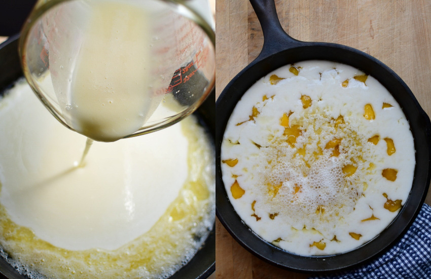 pouring the batter into the butter, and adding the fruit filling 