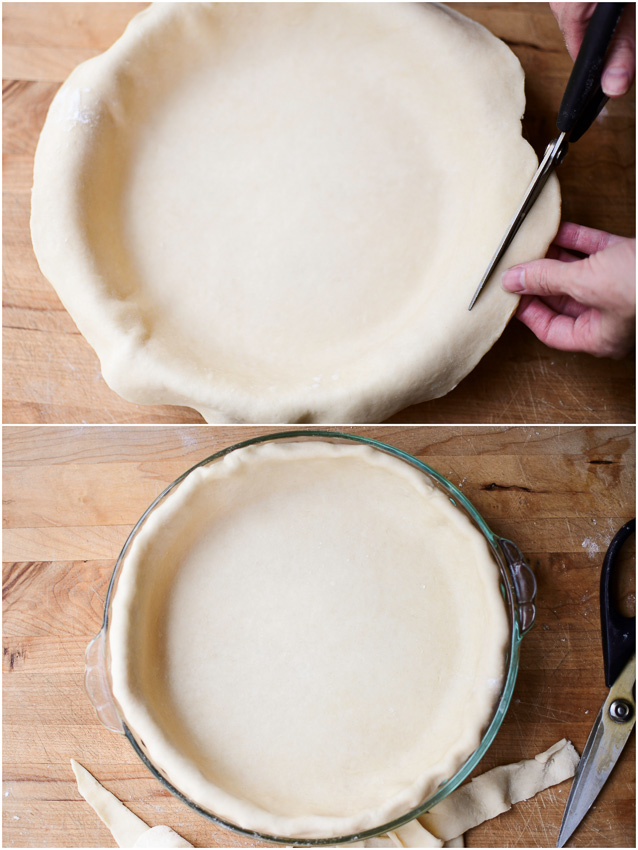Pie dough being trimmed and tucked