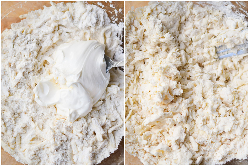 Mixing sour cream into pie dough. 