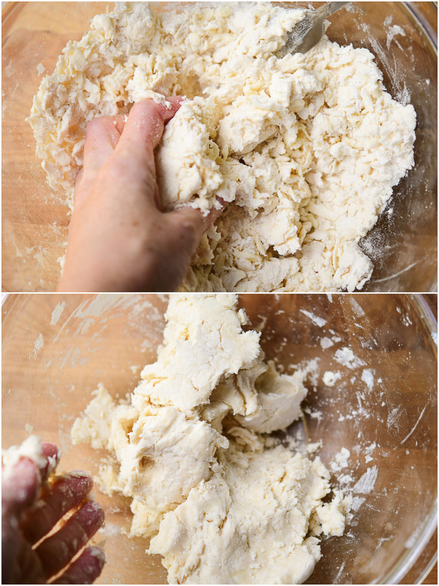 Hands mixing pie dough 