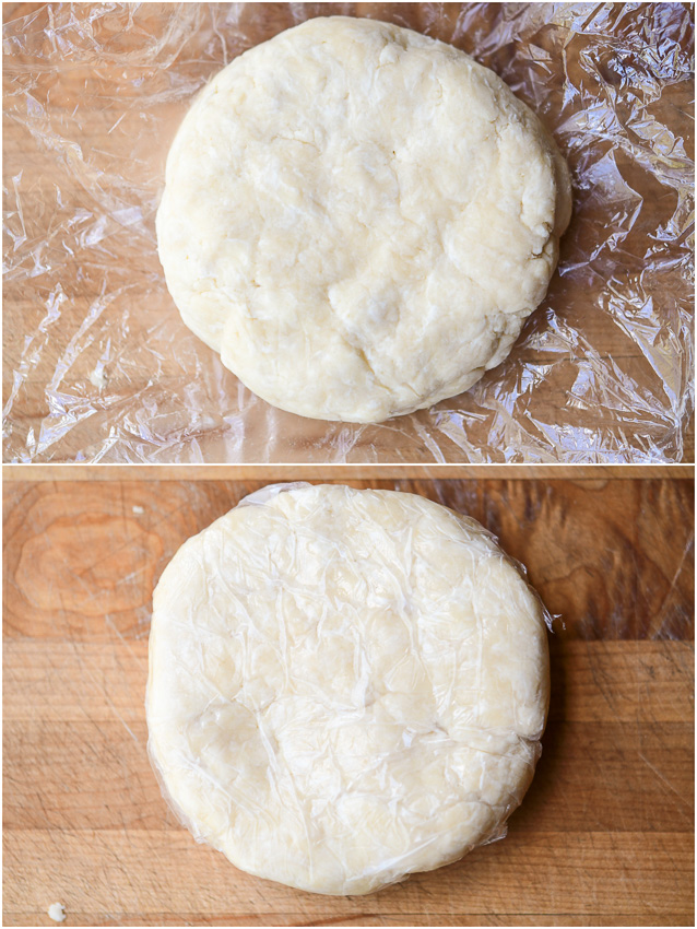 Pie dough formed into a disc and wrapped in plastic wrap