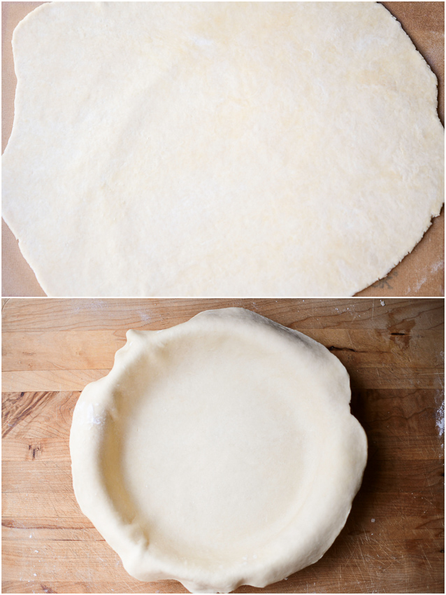 Rolled pie dough placed into a pie dish