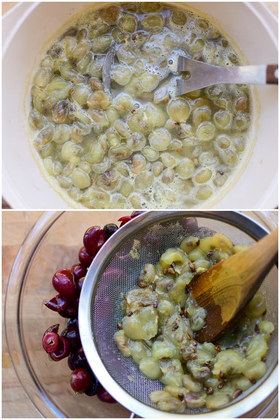 Muscadine pulp being cooked to prepare juice and a photo of the pulp being strained through a sieve. 