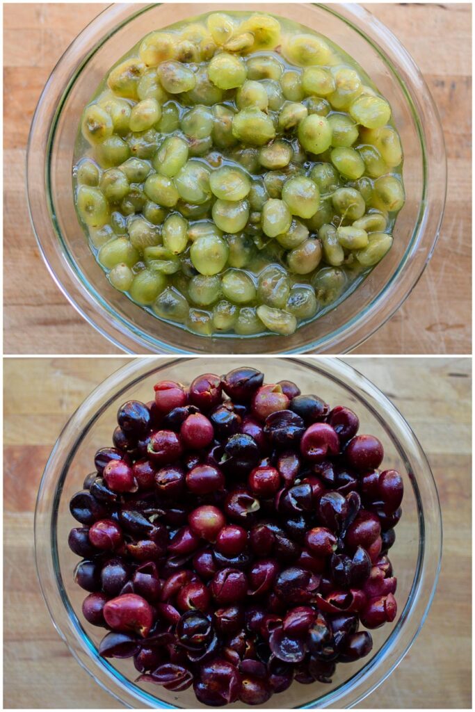 An image of muscadine hulls and pulp separated into two bowls. 