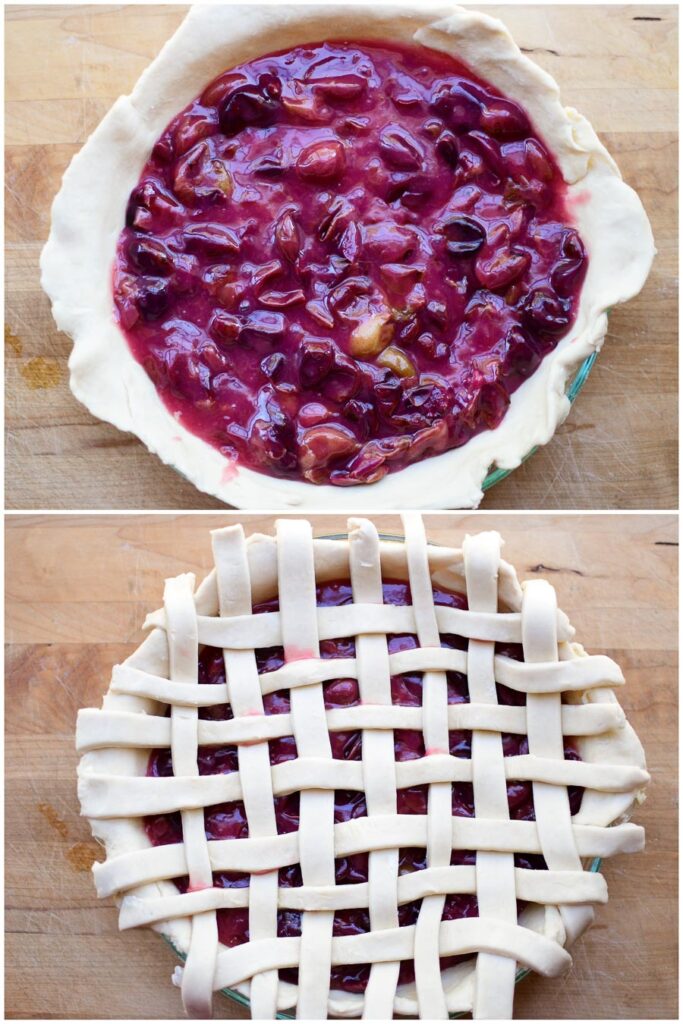 This collage shows muscadine pie filling added to a pie plate and adding lattice topping. 