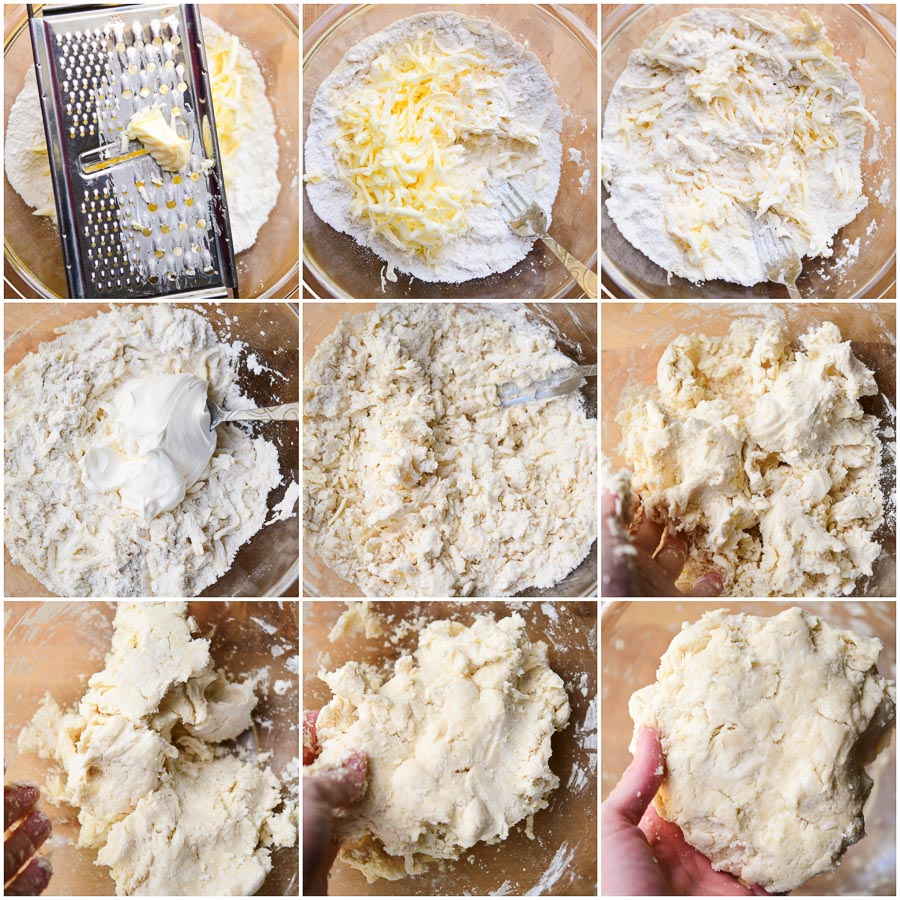 A 9 photo collage of making a pie crust from scratch