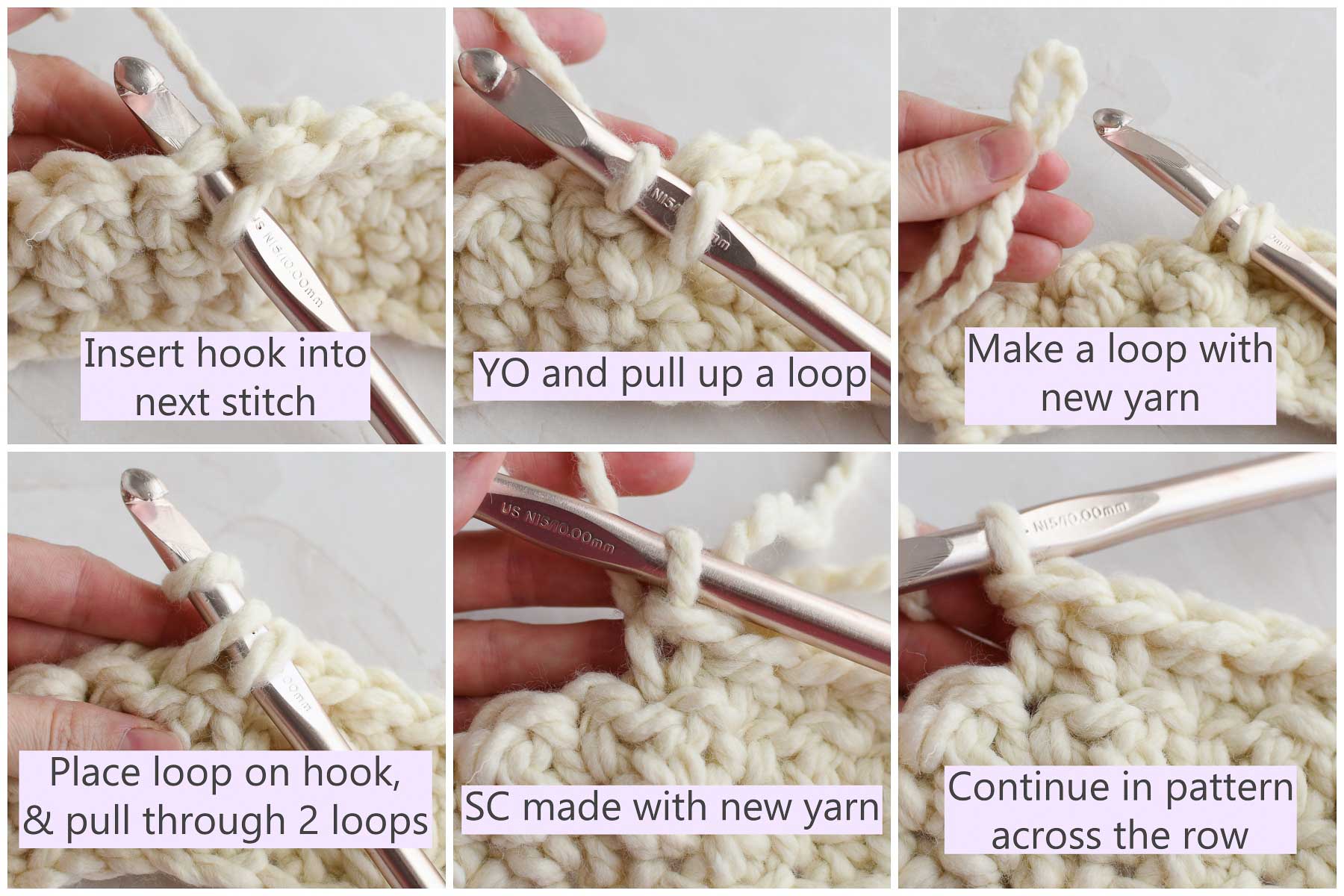 Step by Step Collage of joining new yarn. 