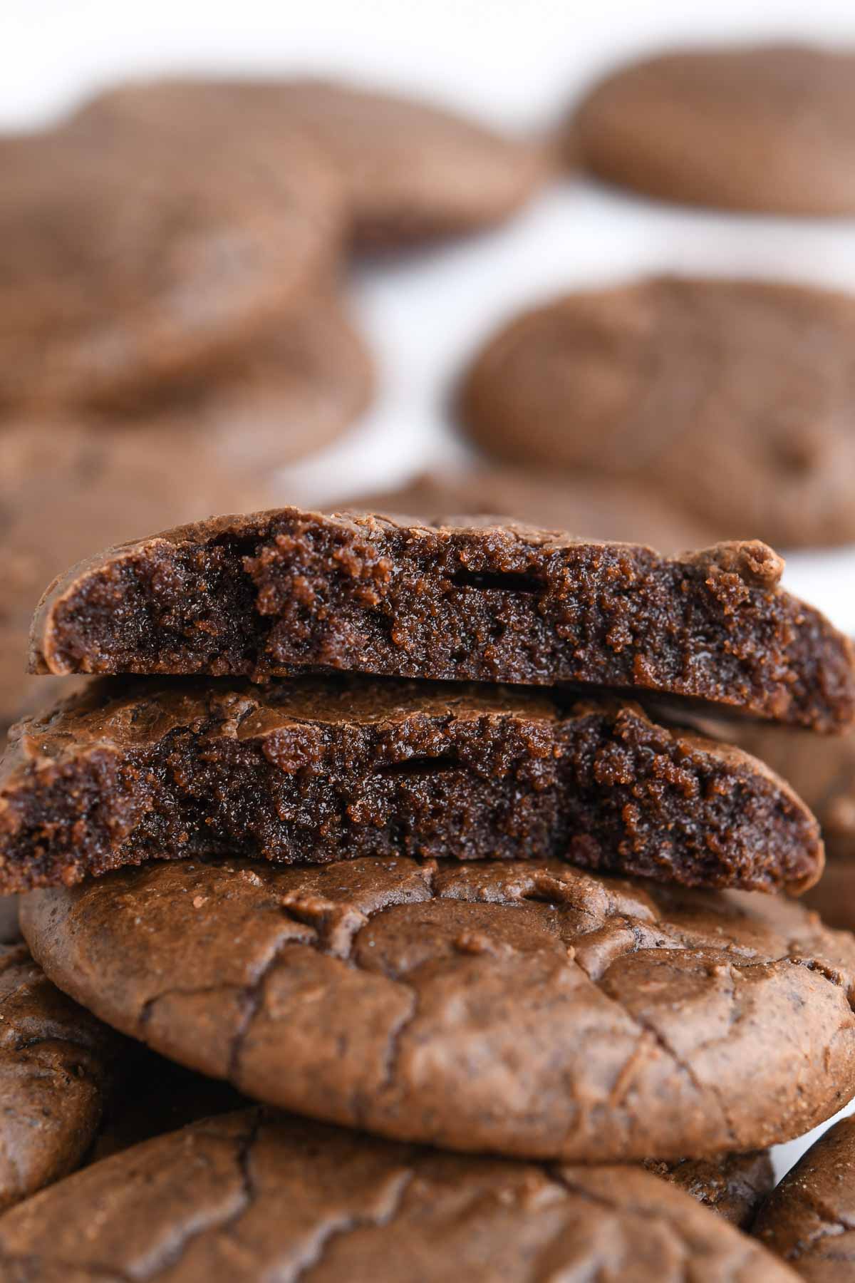 A close up of brownie cookies interior showing gooey fudgy centers.