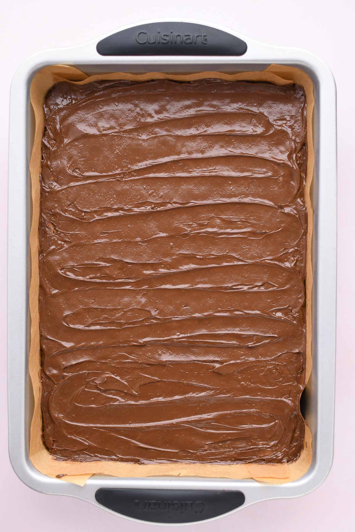 Chocolate layer set before adding the icing. 