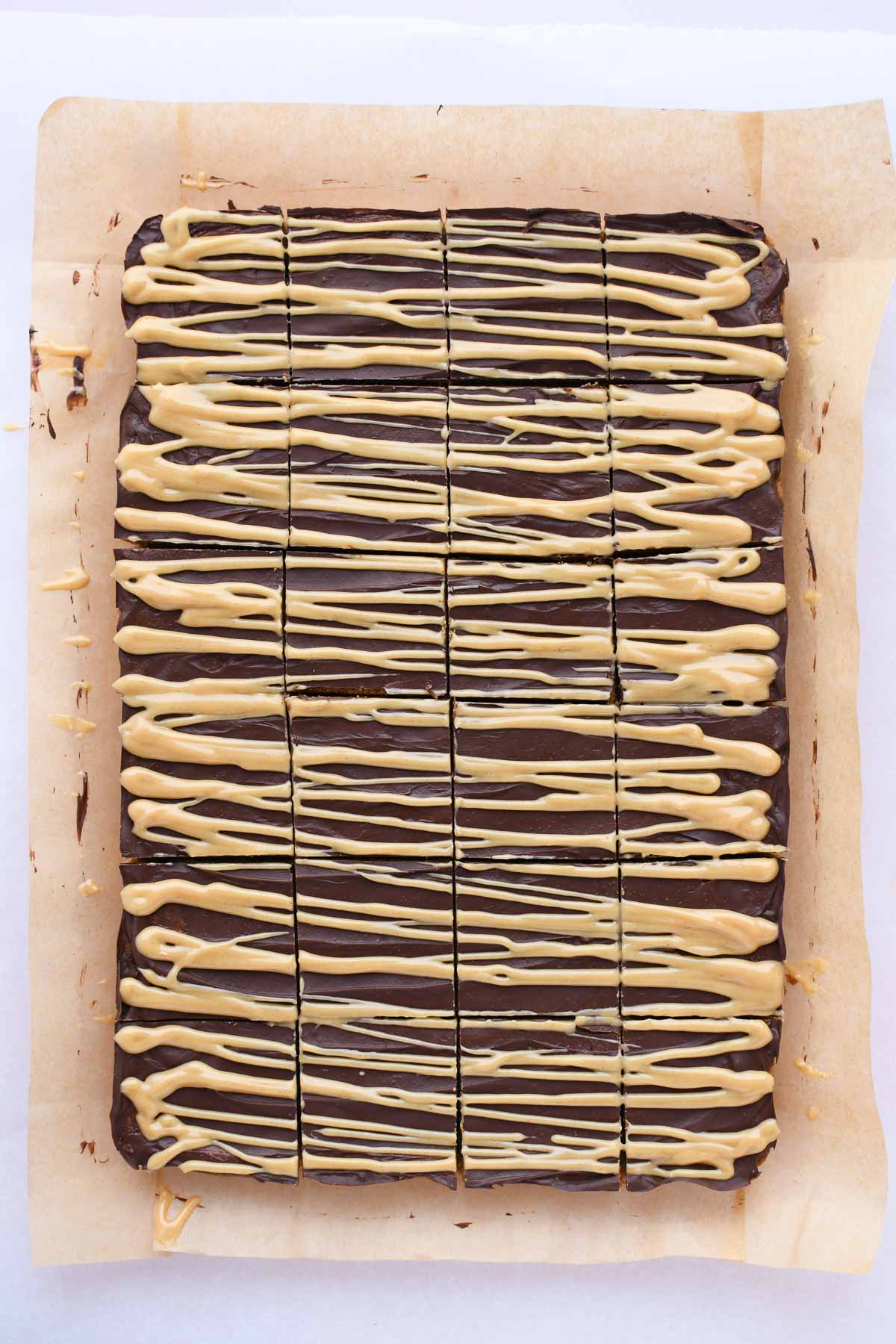 Peanut Butter Finger cookie bars removed from the pan and cut into squares.