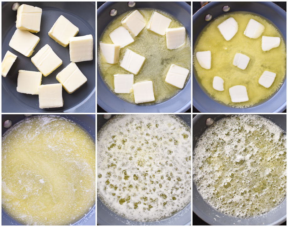 The stages of browning butter from the beginning.