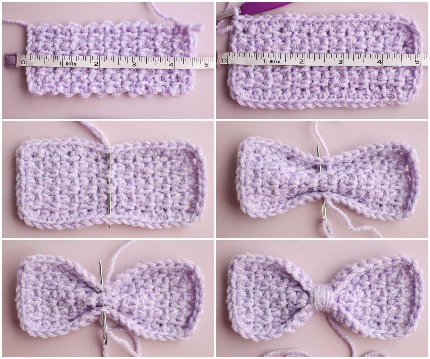 A 6 image collage showing the steps of creating a bow from a rectangle piece of crochet. 