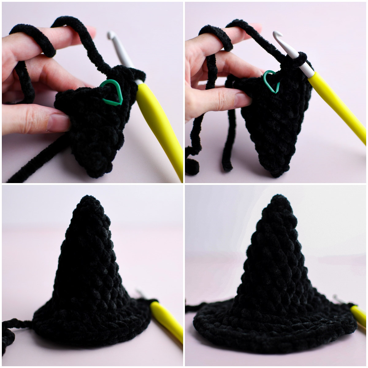 A collage showing the witch hat being crocheted with fluffy black chenille yarn and a large hook. 