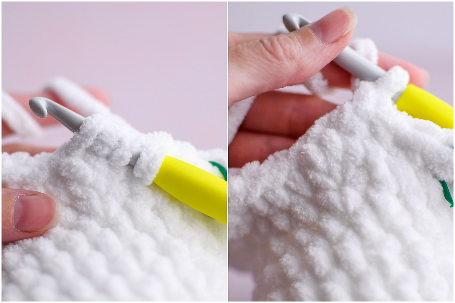 A 2 image collage showing how to decrease over 3 half double crochet stitches to complete the ruffle section. 