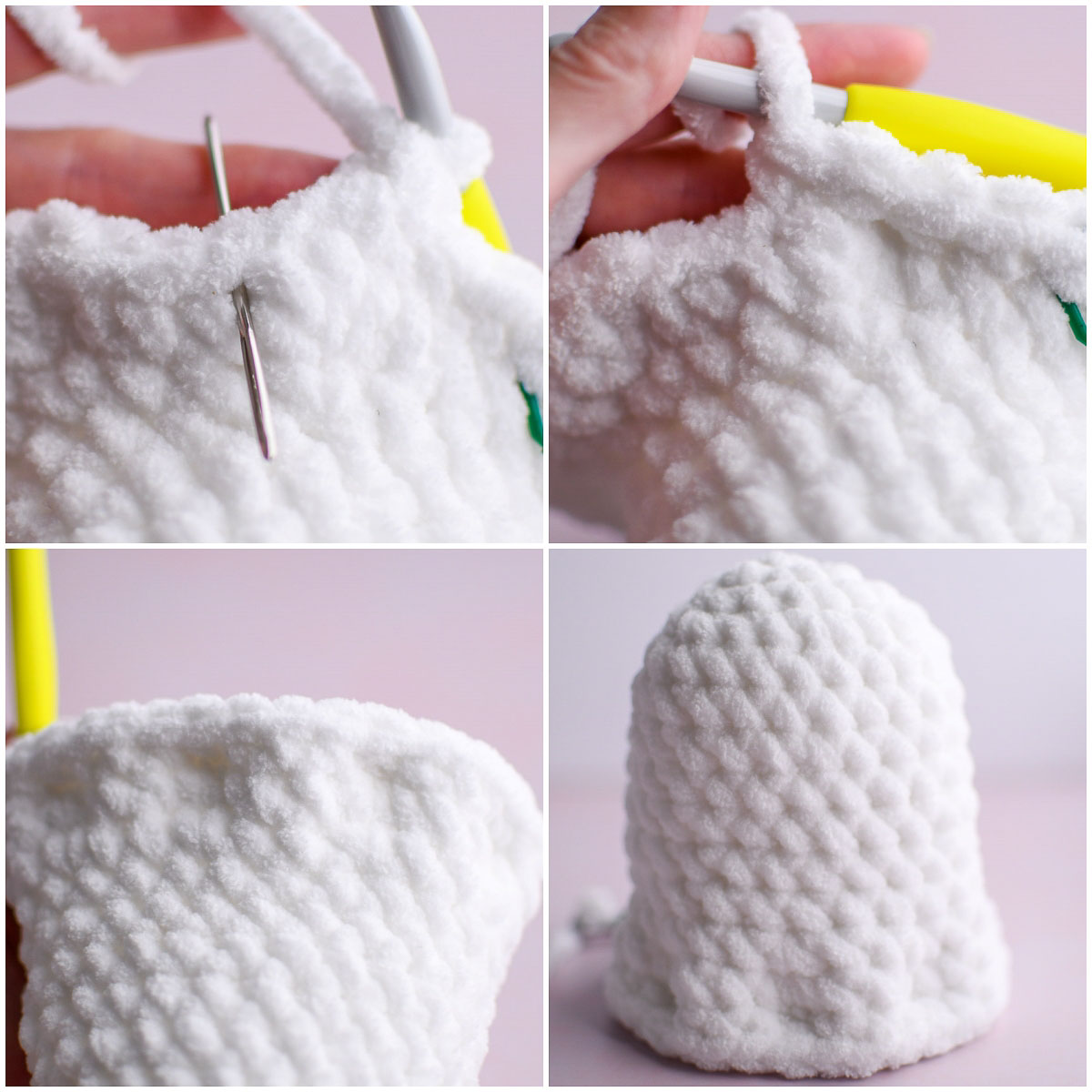 A 4 image collage showing where to crochet after the decreases and how the finished row looks after creating the ruffles. 