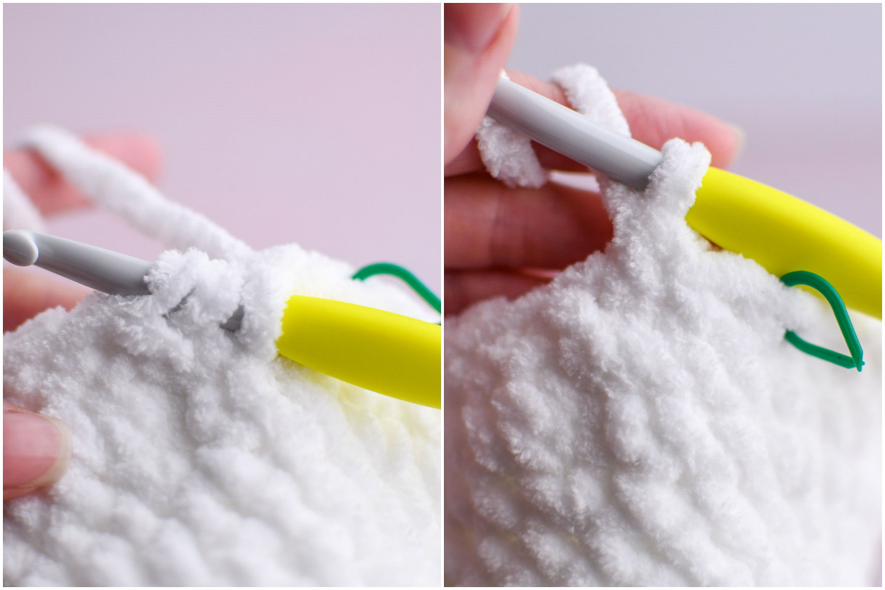 A 2 image collage showing how to decrease to create the bottom of the ghost. 