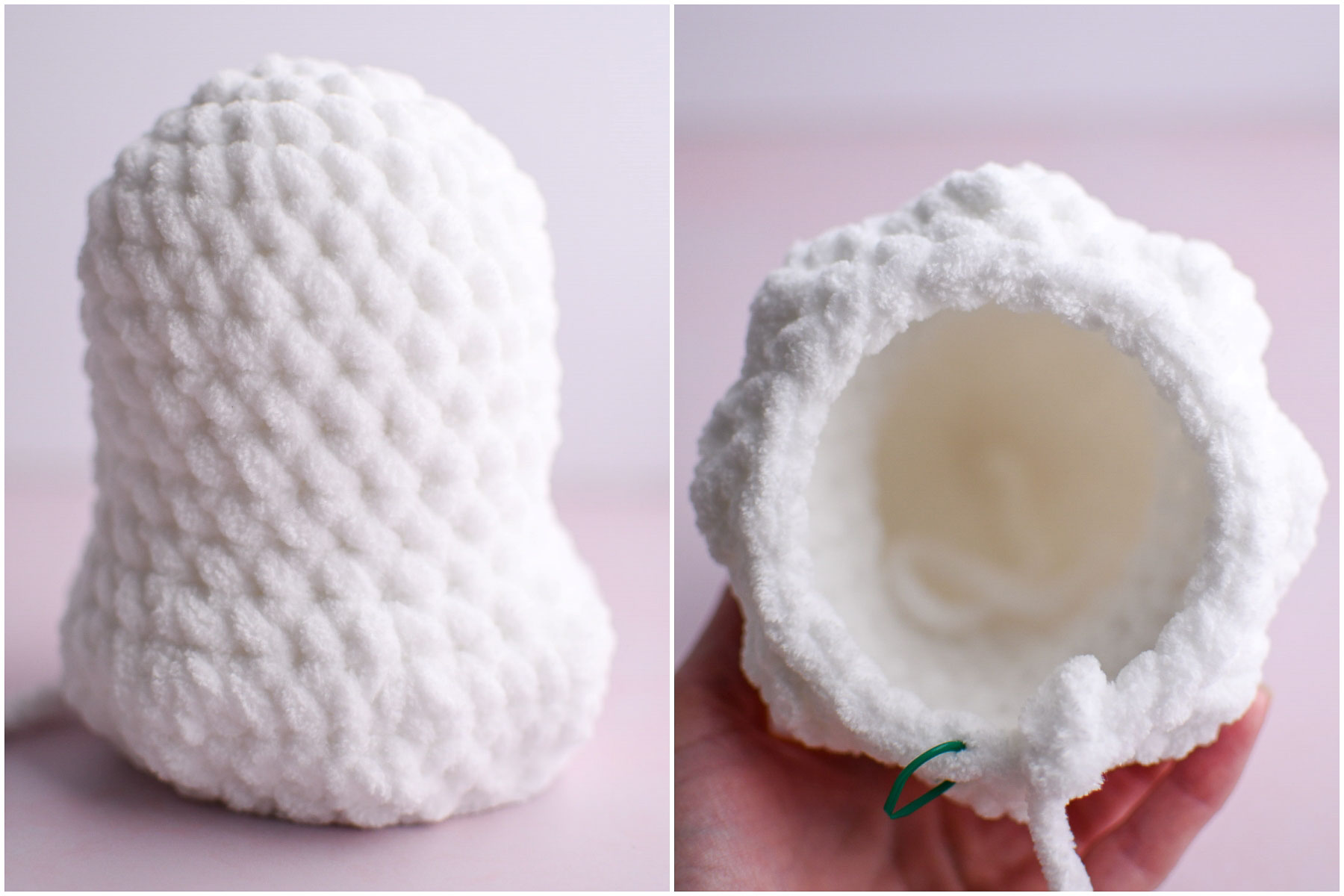 A 2 image collage showing the finished round after completing all the decreases and pushing the ruffles to the front of the work. 