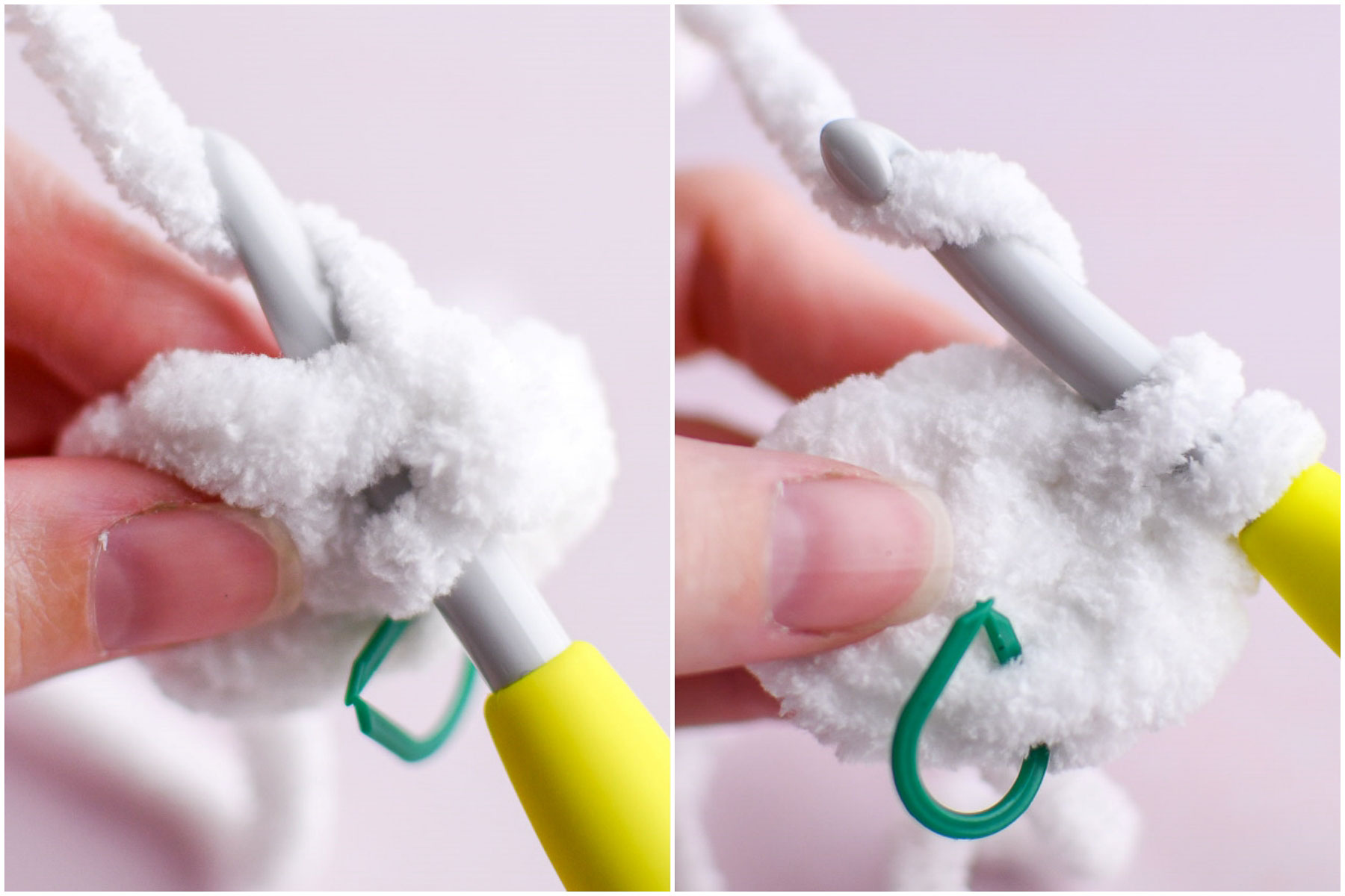 Two images showing how to Yarn Under, Yarn Over (YO/YU) for amigurumi. 