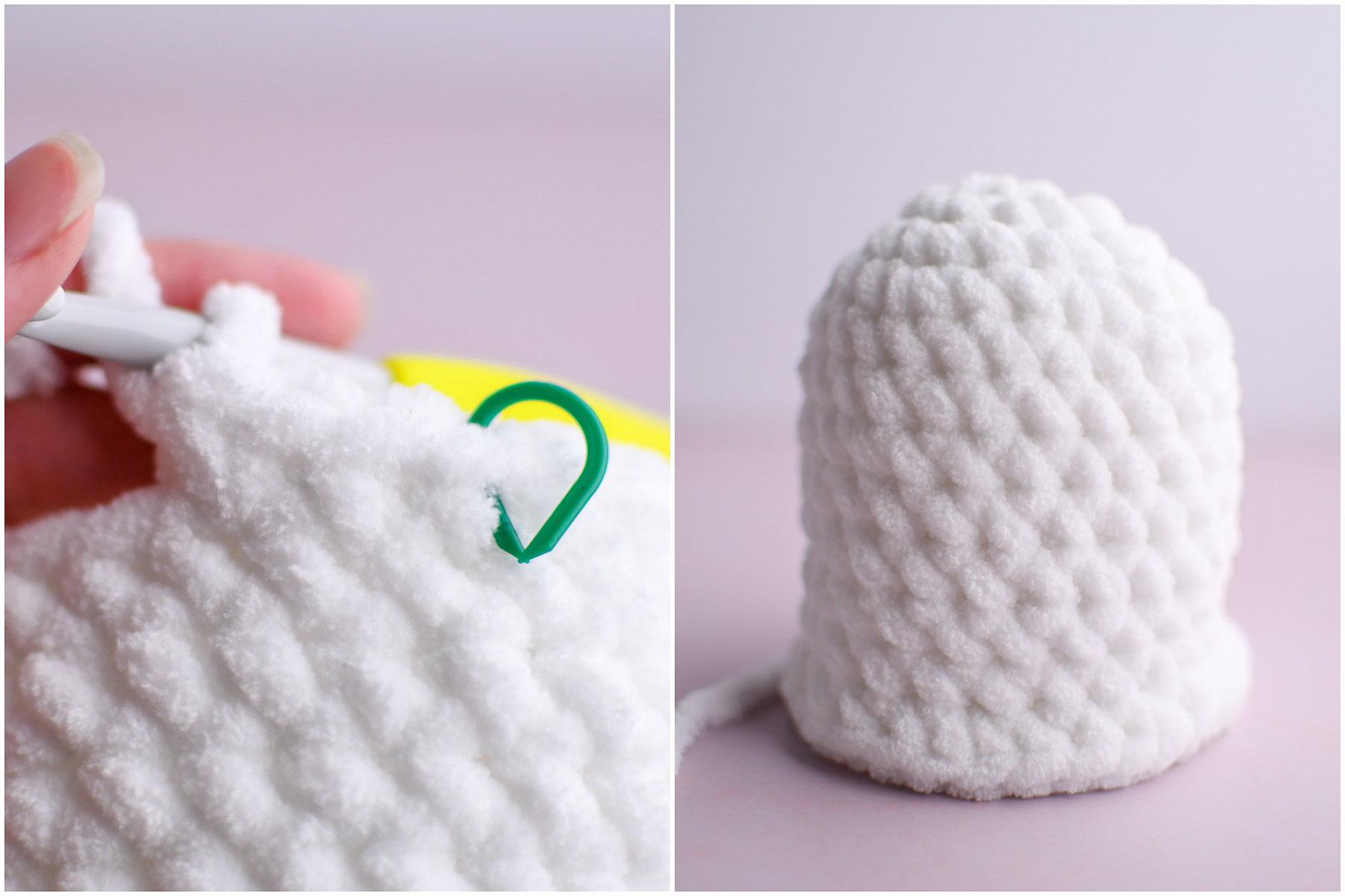 A collage showing how to do the first round of increase stitches and the completed row. 