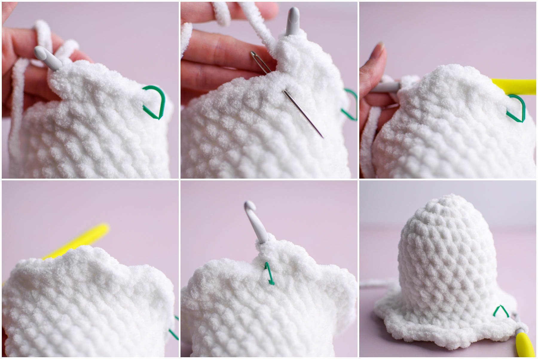 A collage of images showing how to begin the ruffle increases through the completed round. 