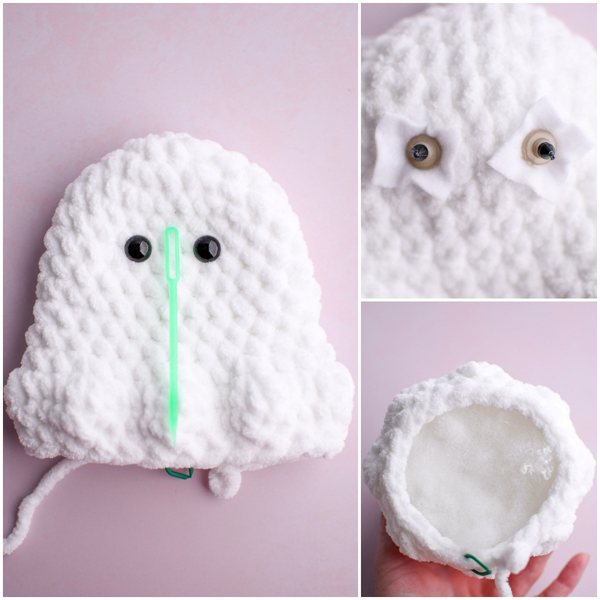 A 3 image collage showing the correct eye placement and attaching the safety eyes, and beginning to stuff the ghost. 
