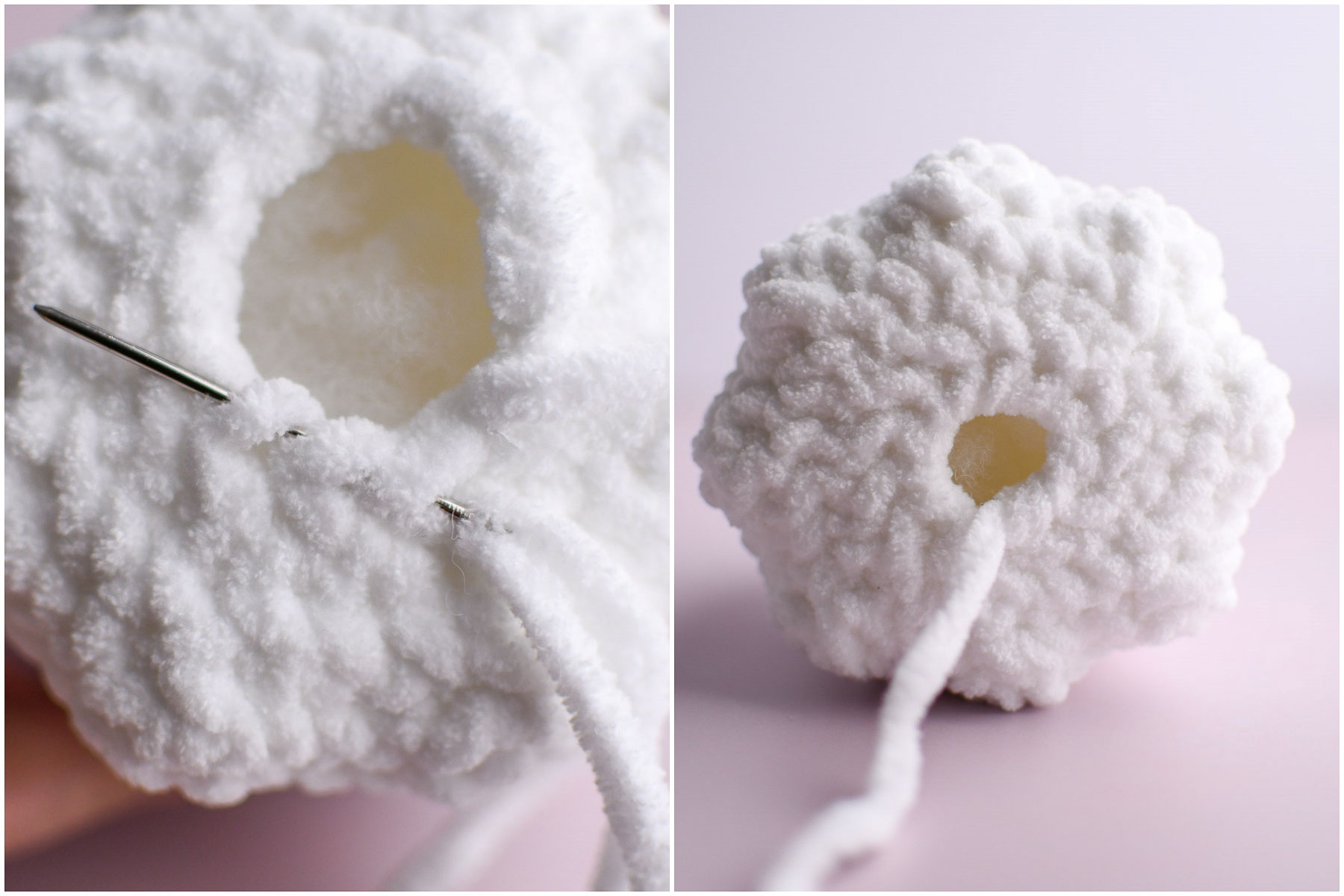 A collage showing how to weave the yarn through to close the bottom of the ghost after stuffing. 