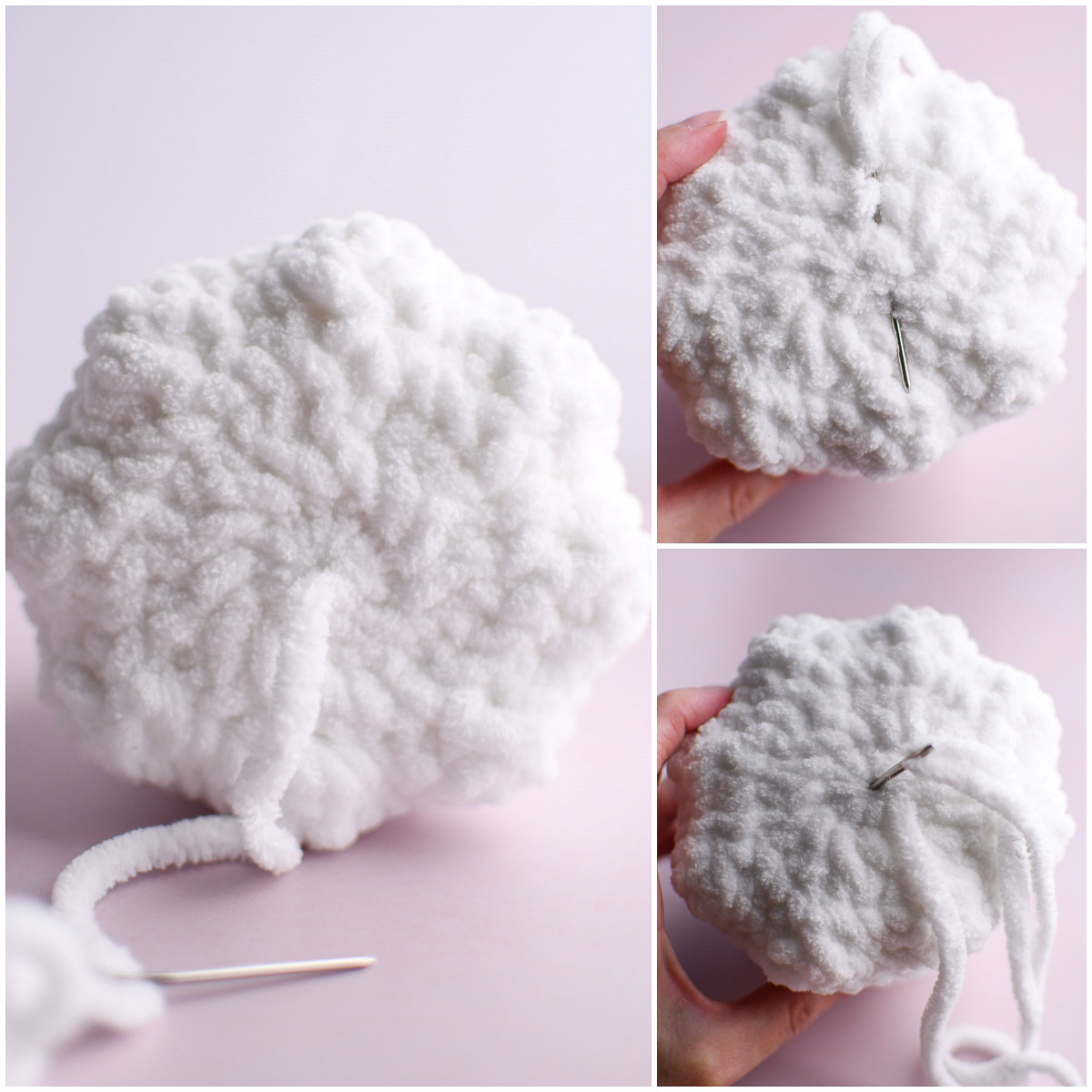 A collage showing how to weave in the ends after closing the ghost. 
