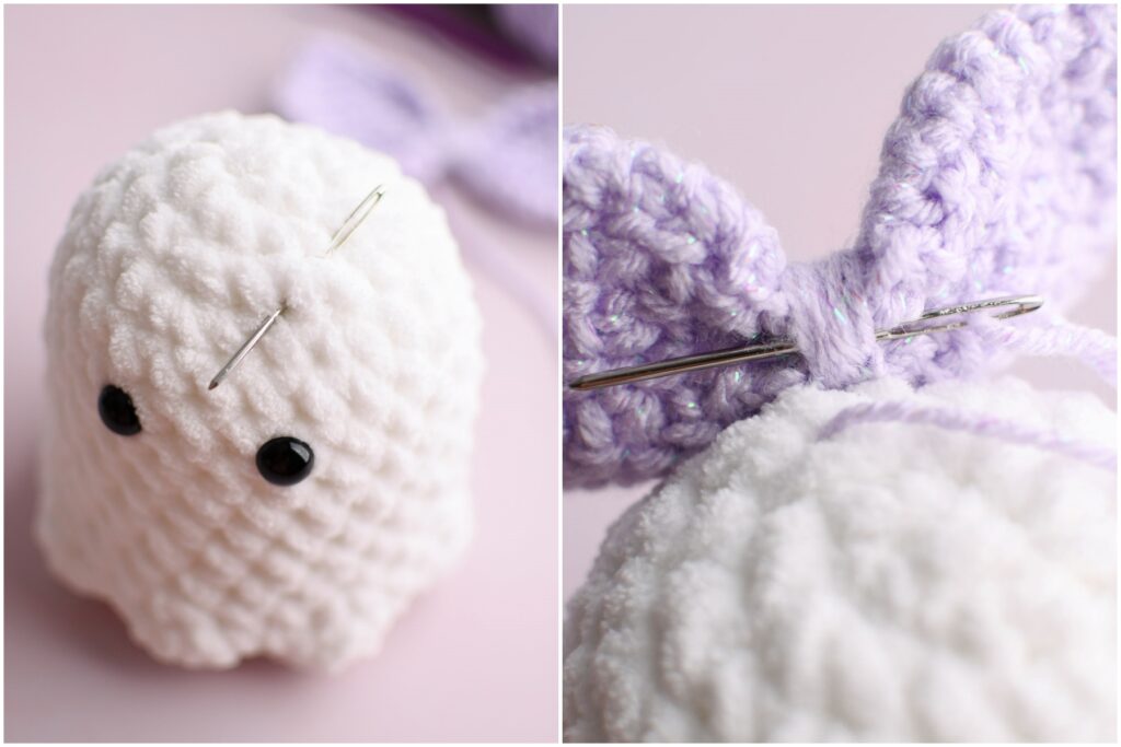 A collage showing the proper placement for the bow and sewing it to the top of the crochet ghost. 