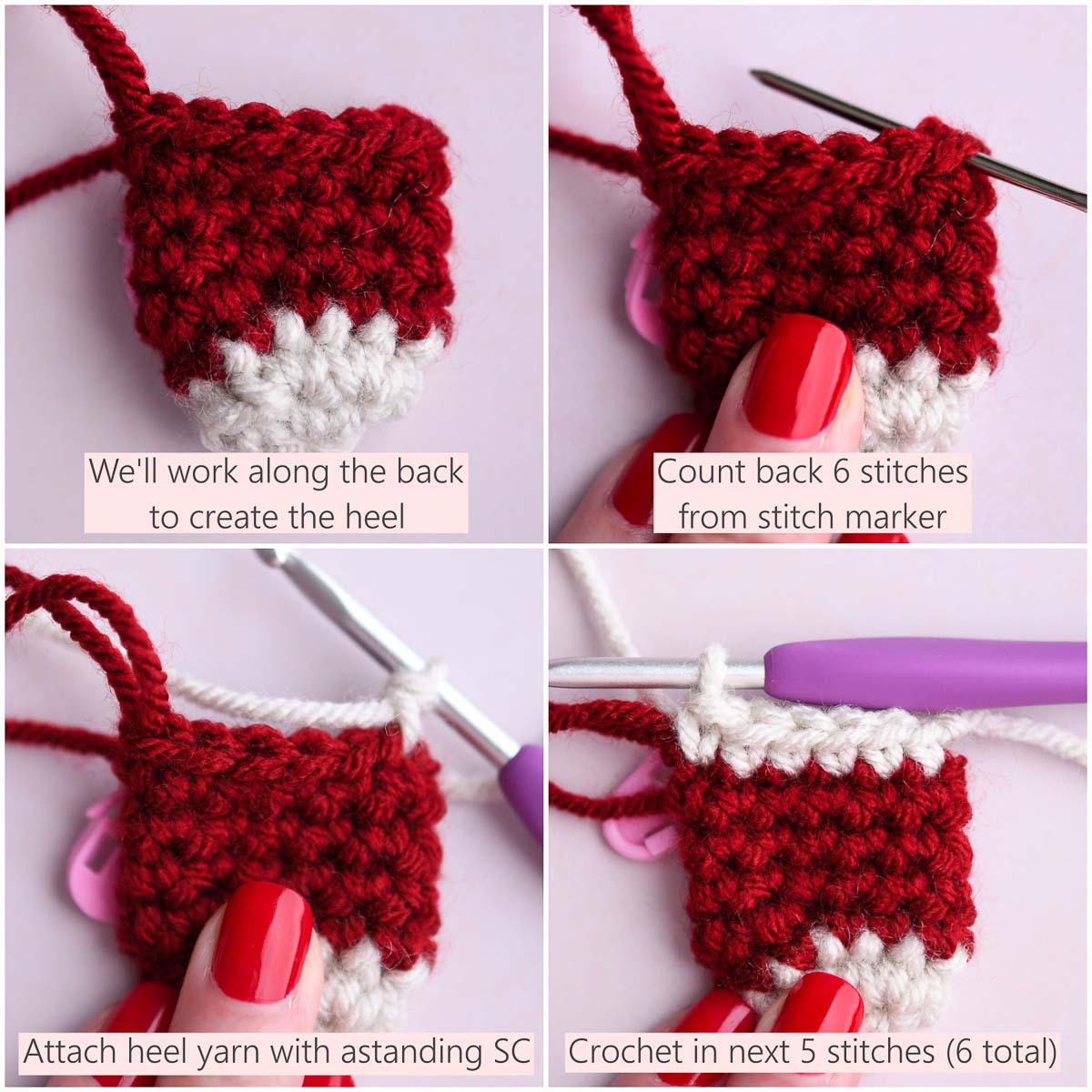 A 4 image collage showing steps of creating the stocking heel