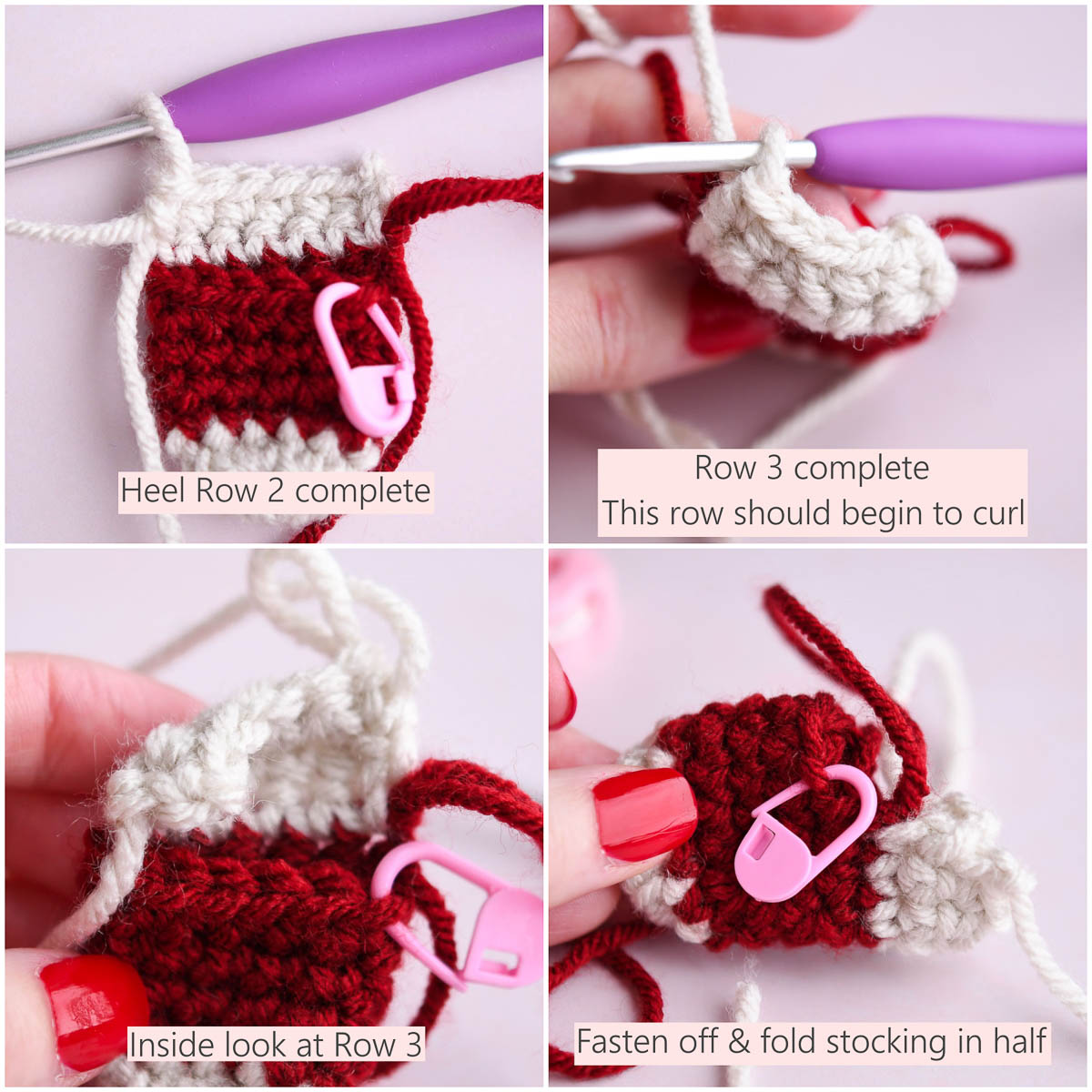 A 4 image collage showing steps of creating the stocking heel.