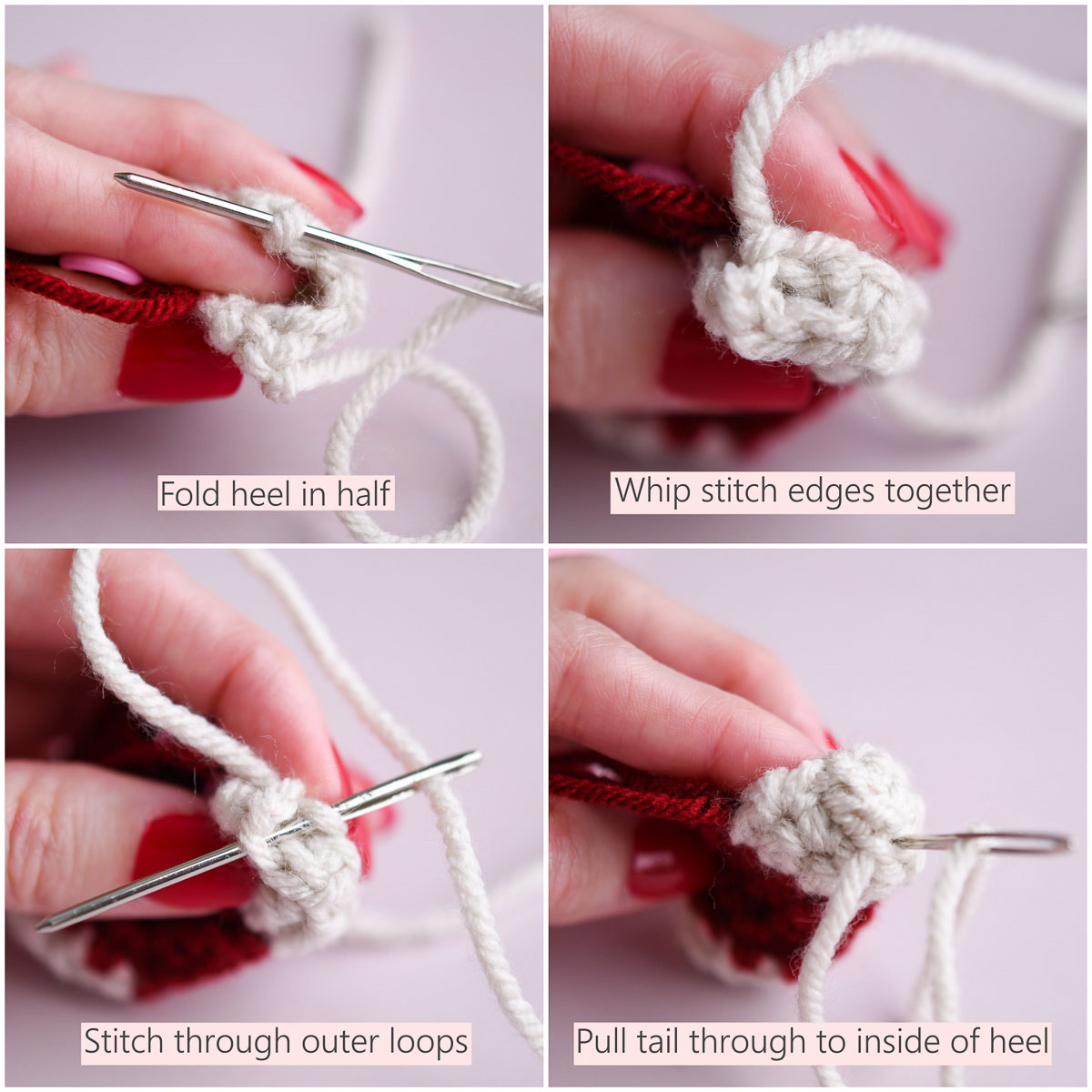 A 4 image collage showing steps of finishing the heel.