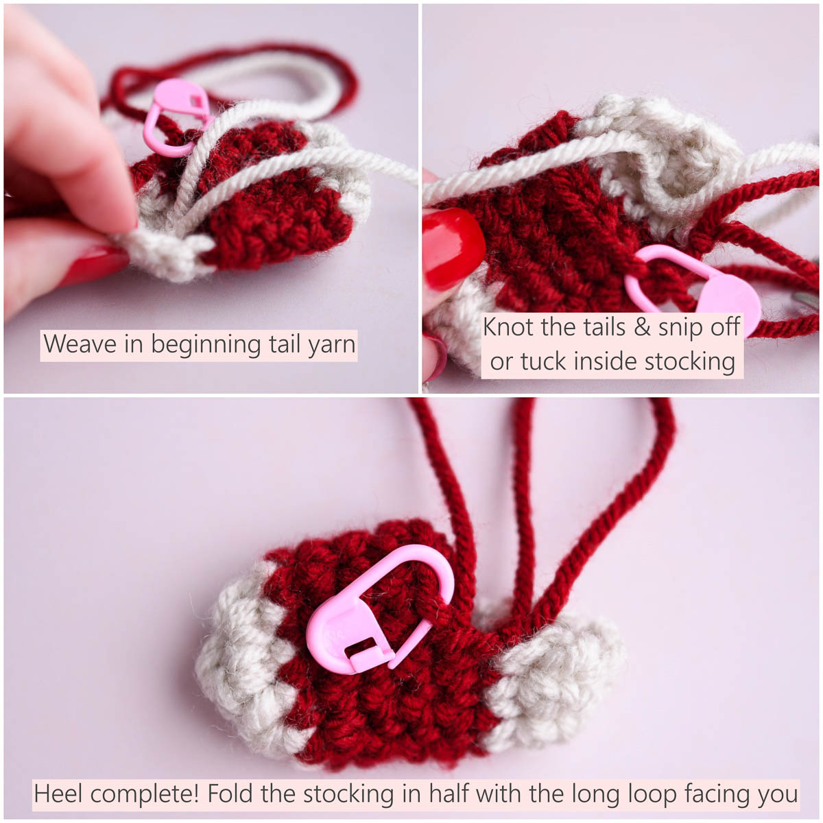 A 4 image collage showing steps of finishing the stocking heel.